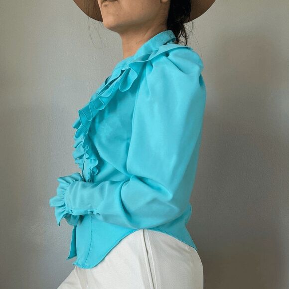 vtg 70s western button blouse large ruffle collared puff sleeves victorian small - Picture 6 of 10